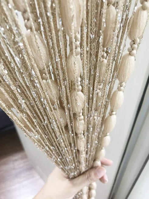 Door String Curtain Flat Silver Ribbon Thread with Shaggy Tassel Room Divider, 39’’x79’’, (Gold-style2)