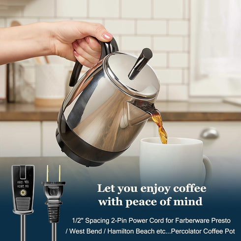 Percolator Power Cord for Hamilton Beach Coffee Pot Model 40514 40614 40622, 2pin Black 3ft Length (1-Pack)