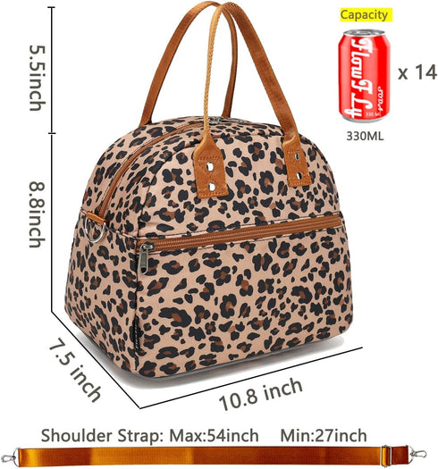FlowFly Insulated Lunch Bag with Shoulder Strap, Large Reusable Tote for Work, School, Travel, Meal Prep, Leopard