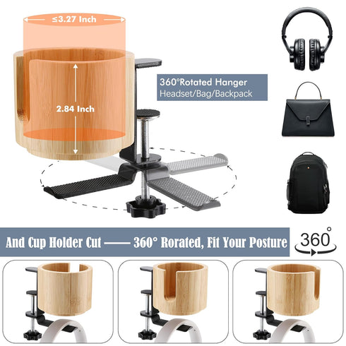 Nnewvante Desk Cup Holder, 2 in 1 360° Rotating Headphone Hanger and Anti-Spill Cup Holder for Gaming Desk