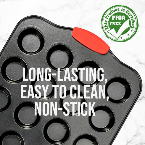 NutriChef 24-Cup Nonstick Mini Muffin Pan, Carbon Steel Bakeware Tray with Red Silicone Handles