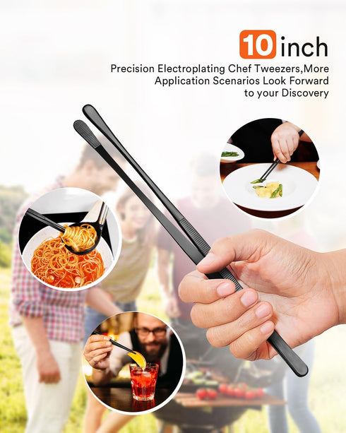 Kitchen Tweezers, Round Tip Tweezer Tongs For Cooking, Black Stainless Steel Food Tweezers, Multi-function Precision Serrated Tips Cooking Tongs Kitchen Serving Tong (Black, 10 inch)
