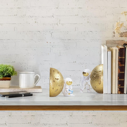 Heavy Duty Astronaut Bookends, Space-Themed Book Ends for Kids Room & Nursery Decor, Gold Moon Book Stoppers to Hold