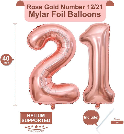 40 Inch Rose Gold Number Balloons, Giant Jumbo 12 or 21 Foil Mylar Helium Balloons for Birthday Anniversary Party