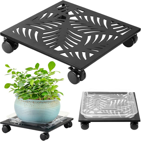 1 Pack 13.5" Metal Square Plant Caddy with Wheels Large Iron Rolling