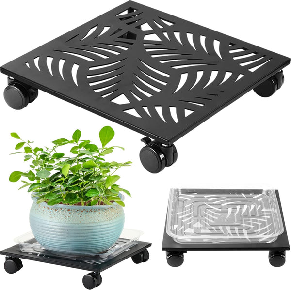 1 Pack 13.5" Metal Square Plant Caddy with Wheels Large Iron Rolling