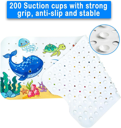 40x16 inches, 200 40 16in) Kids Bath Mat with Ocean Theme Design, Non-Slip with Suction Cups, Cartoon Sea Animals