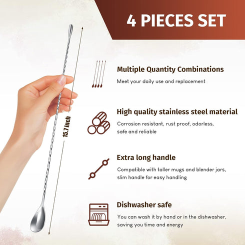 4 Pcs 15.7 Inches Bar Spoon Stainless Steel Cocktail Stirrer Mixing Spoon Spiral Pattern Bar Spoon for Cocktail Shaker Tall Cups