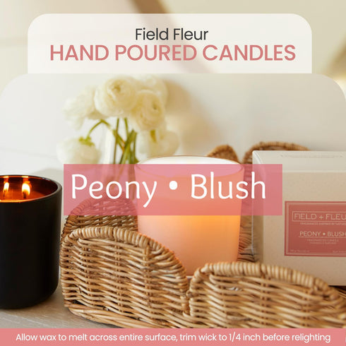 FIELD FLEUR Peony Blush Scented Candle – 12oz Luxury Soy Wax, Handwoven Glass Jar, Sandalwood, Pink Peppercorn with