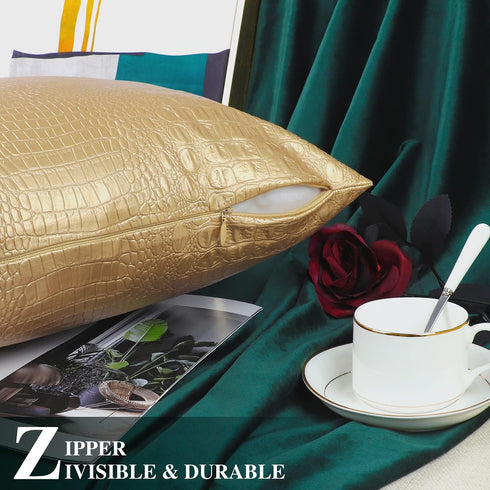 BRAWARM Gold Faux Leather Pillow Covers 12 x 20 Inches, Pack of 2 Crocodile Decorative Lumbar Throw Pillows