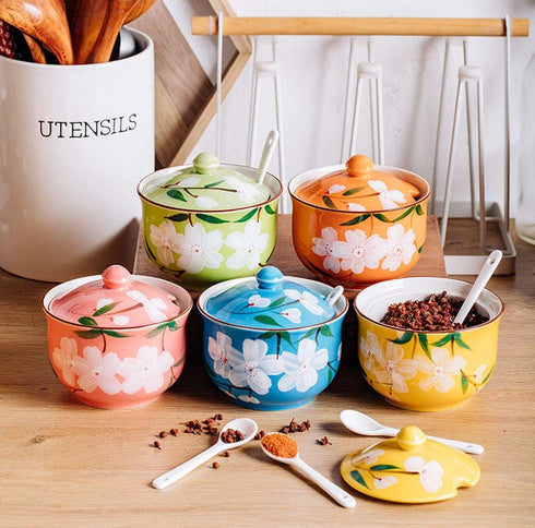 FUYU Hand-painted Flower Ceramic Condiment Pot, Seasoning Jar with Lid and Spoon