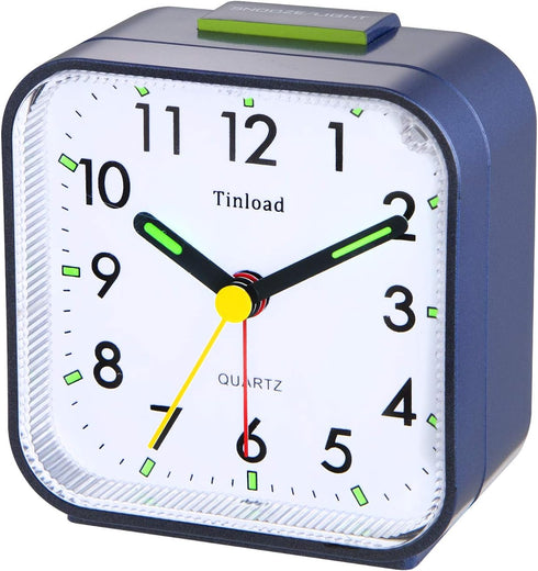 Small Battery Operated Analog Alarm Clock, Silent Non Ticking, Ascending Beep Sounds, Snooze, Light Functions (Blue)
