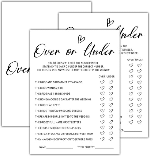 OZTEMETY Over or Under Bridal Shower Games, Minimalist Engagement Party Game Cards, Bachelorette