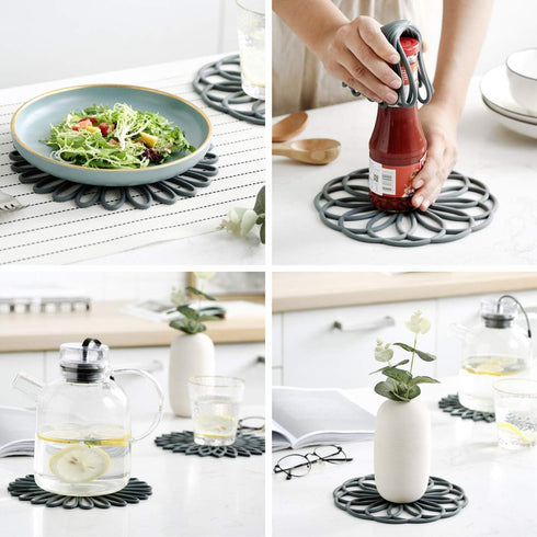 Set of 3 Silicone Trivet Mat - Hot Pot Holder for Table & Countertop, Non-Slip & Heat Resistant, Dark Green