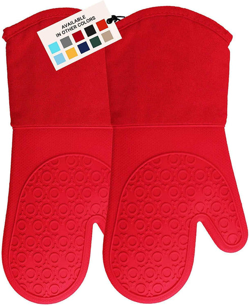 Ultra Heat Resistant BPA-Free Silicone Oven Mitts up to 500°F - Canyon Red Long Pot Holders with Cotton Liner 13.7