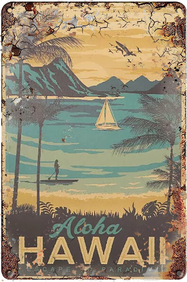 Vintage Metal Tin Sign Aloha Hawaii Wall Decor - 5.5x8 Inch Poster Plaque for Home Kitchen Bar Pub Coffee Shop