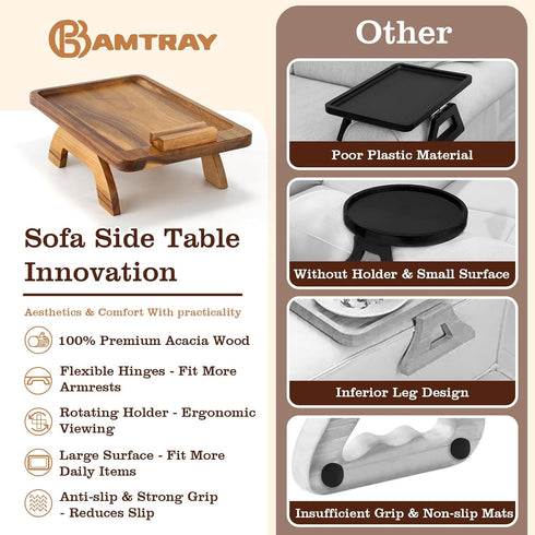 Acacia Wood Couch Armrest Table,Sofa Arm Tary Table for Living Room,Sofa Armrest Tray with Rotated Phone Holder,Clip on