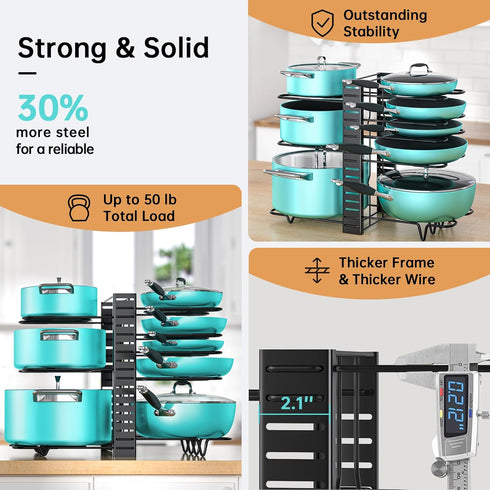 MUDEELA Adjustable Pot Pan Rack with 8 Tiers, 3 DIY Methods, Under Cabinet Organizer for Kitchen Storage