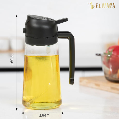 ELIVARA 2-in-1 16oz 470mL Nozzle, Oil Sprayer and Dispenser, / Glass Olive Oil Bottle for Cooking, Grilling, and Salad