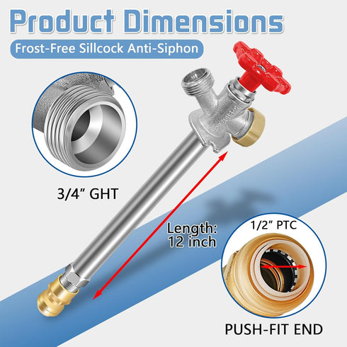 12inch 1/2" 3/4 Inch Boltigen Anti-Siphon Frost Free Sillcock, No Lead Brass Frost Proof Outdoor Faucet Bib