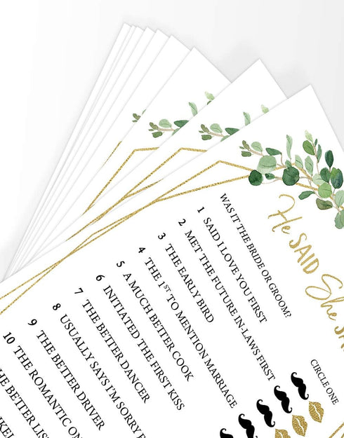 Printed Party Bridal Shower Games – He Said She Said Game with Bride and Groom Trivia, Botanical Greenery Theme
