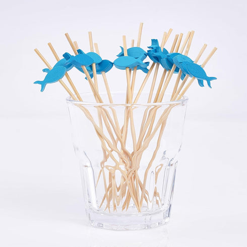 PuTwo 100 Counts Cocktail Toothpicks - Handmade Natural Bamboo Cocktail Sticks for Appetizers, Fruits, Dessert - Blue