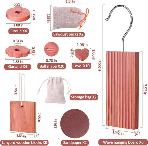 Cedar Blocks for Clothes Storage, 56 Pcs with Metal Hooks, Rings, Balls, and Scented Sachets for Closets and Drawers