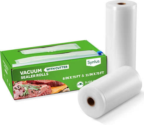 Syntus Food Vacuum Seal Roll Keeper, 11" x 75' and 8" x 75', Commercial Grade Vacuum Sealer Bag Rolls with Cutter