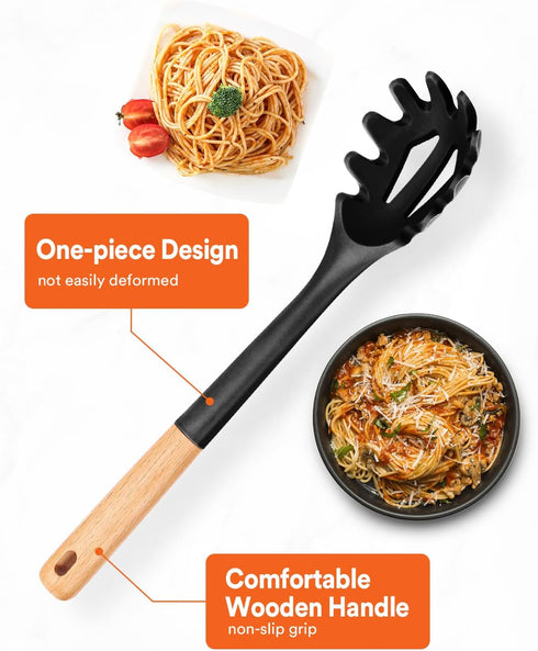 Silicone Pasta Fork, Kitchen Heat Resistant Noodle Spoon Server, BPA Free Spaghetti Strainer, 12.8 inch (Black)