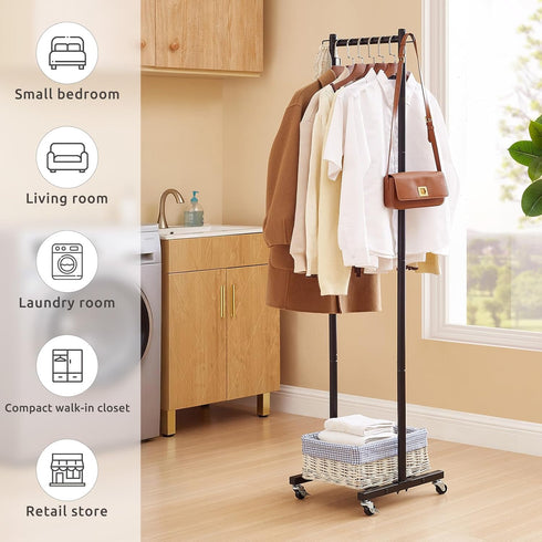 63 Inch 110lbs, LiaMeE Tall Clothes Rack with Wheels, Heavy Duty Metal Garment Rack with Shoe Shelf, Rolling Clothing