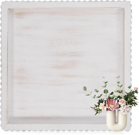 12in HPC Decor Square Decorative Tray for Home Decor- White Wood Beaded Tray- Decorative Square Tray for Living Room