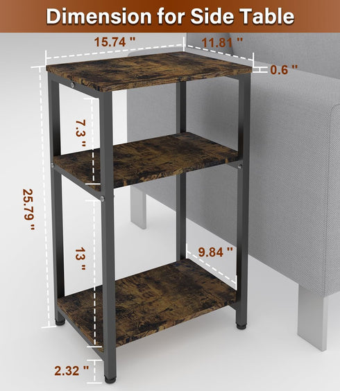 Tigerden 3 Tier Side Table, Heavy Duty End Table with Shelves, Narrow Nightstand for Small Spaces, Record Player Table
