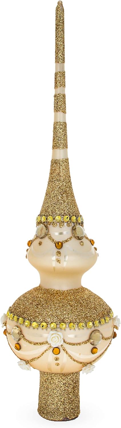 Dimensional Roses on Sparkling Beige Mouth Blown Glass Christmas Tree Topper, 11 Inches