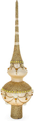 Dimensional Roses on Sparkling Beige Mouth Blown Glass Christmas Tree Topper, 11 Inches