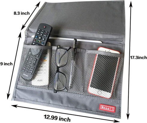 Bedside Storage Organizer with Pockets, Caddy for TV Remote Control, Phones, Magazines, Tablets, Grey