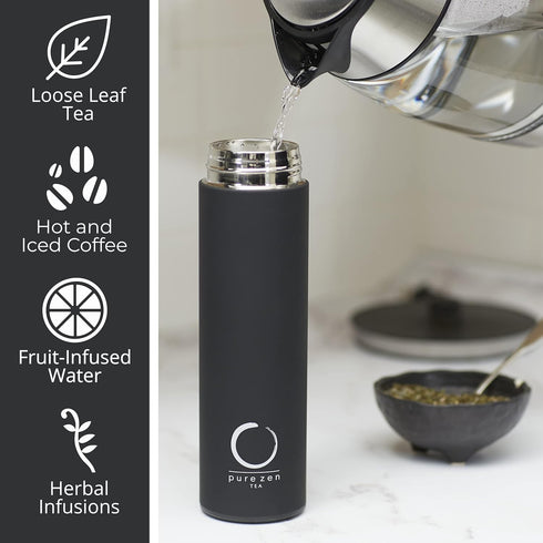 Pure Zen Tea Thermos with Infuser, Stainless Steel Leakproof Travel Mug for Hot and Cold Infusions, 15oz Black