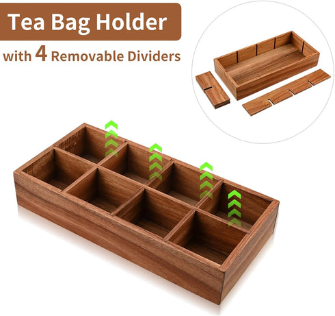 Acacia Wood Tea Bag Organizer with 8 Slots, Tea Bag Holder and Sugar Packet Storage for Countertops