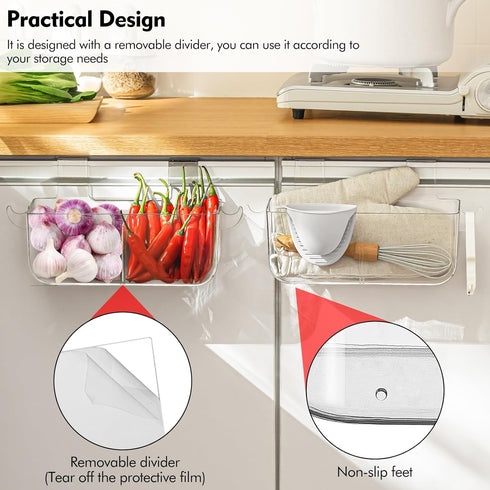 2 Pack 2 Poeland Over Cabinet Door Organizer, Plastic Storage Bin with Hooks, Over Cabinet Holder for Kitchen, Pantry