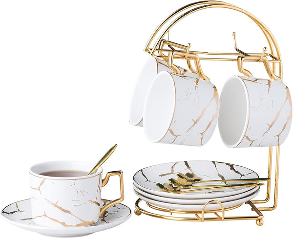 Jusalpha Serve of 4- Hand Printed Golden Matte Ceramic Marble Tea Coffee/Tea