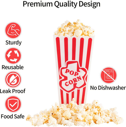 Plastic Popcorn Containers, Red & White Striped Retro Style Reusable Popcorn Boxes for Movie Night, 4”x8” (4 Pack)