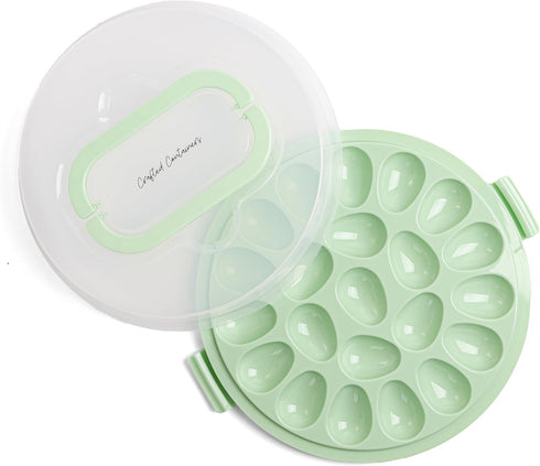 Crafted Containers 22-Count Deviled Egg Carrier with Lid & Handles, Portable Tray, Dishwasher-Safe Green