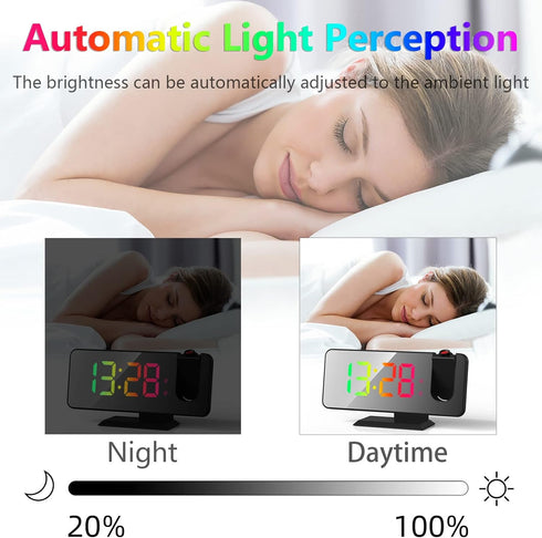 Projection Alarm Clock for Bedroom Ceiling, 180° Rotatable Projector, 7.4” Mirror RGB Digital LED Display, Dual Alarm