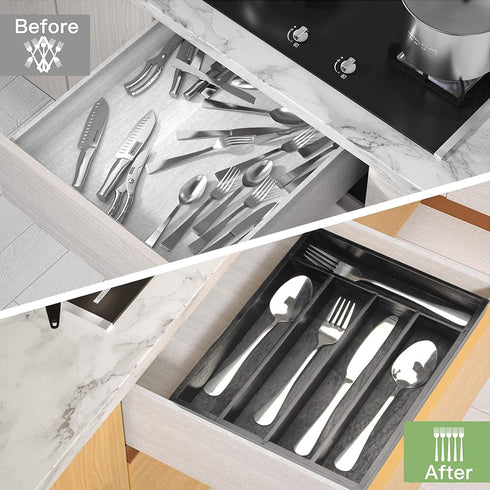 Ayiaren Wooden Cutlery Tray, Kitchen Utensil Drawer Organizer, Black Bamboo Flatware Divider