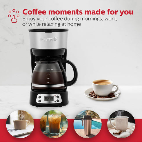 5-Cup Programmable 25oz Holstein Housewares Coffee Maker, Drip Coffee Machine with Auto Brew Timer, Pause & Serve