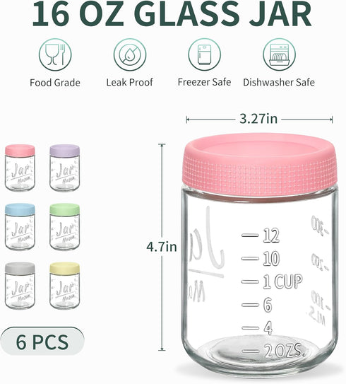 6-Pack 16oz Xyptorix Overnight Oats Containers with Airtight Lids - Glass Mason Jars with Measurement Marks for Yogurt