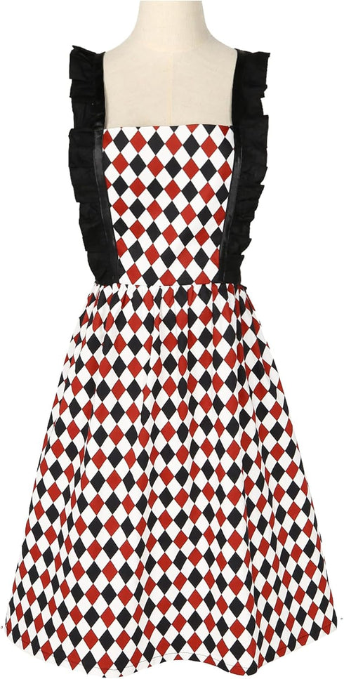 Violet Mist Cotton Linen Apron, Women Cross Back Apron with Pockets, Vintage Black and Red Argyle Pinafore Dress