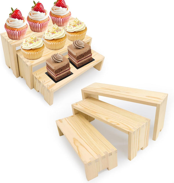 Varbonia Wood Display Risers Set - 2 x 3-Tier Rectangular Stands, Layered Aesthetic