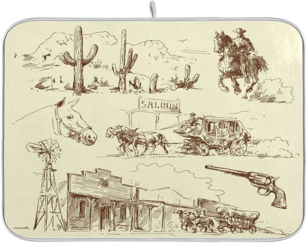 Rustic Cowboy Dish Drying Mat for Kitchen Counter, Western Desert Cactus Microfiber Protector, Medium 16x18 inch