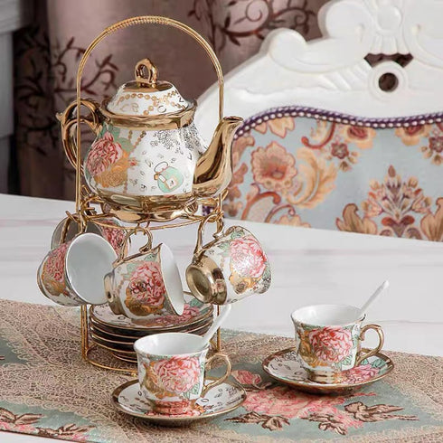 CHANJOON Set, Set 6 Gold Plated Red Rose Ceramic Tea Vintage Teapot, Beautiful Tea Coffee Serving People (Golden