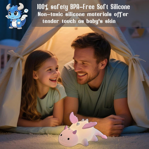 3 Dragon Night Light, Cute Pink Dragon Gifts, Soft Silicone Lamp with Level Warm Light and RGB Changing, Breastfeeding